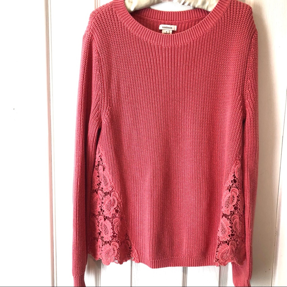 Sundance Coral Pink Pullover Crew Neck Sweater L/S Lace Inserts at Sides Sz S